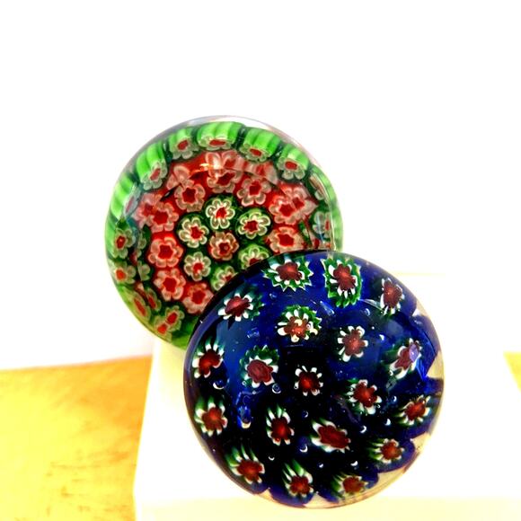 2 Murano Millefiori Paperweights Red/ Blue & Red/Green Floral Glass Vintage - Picture 1 of 8